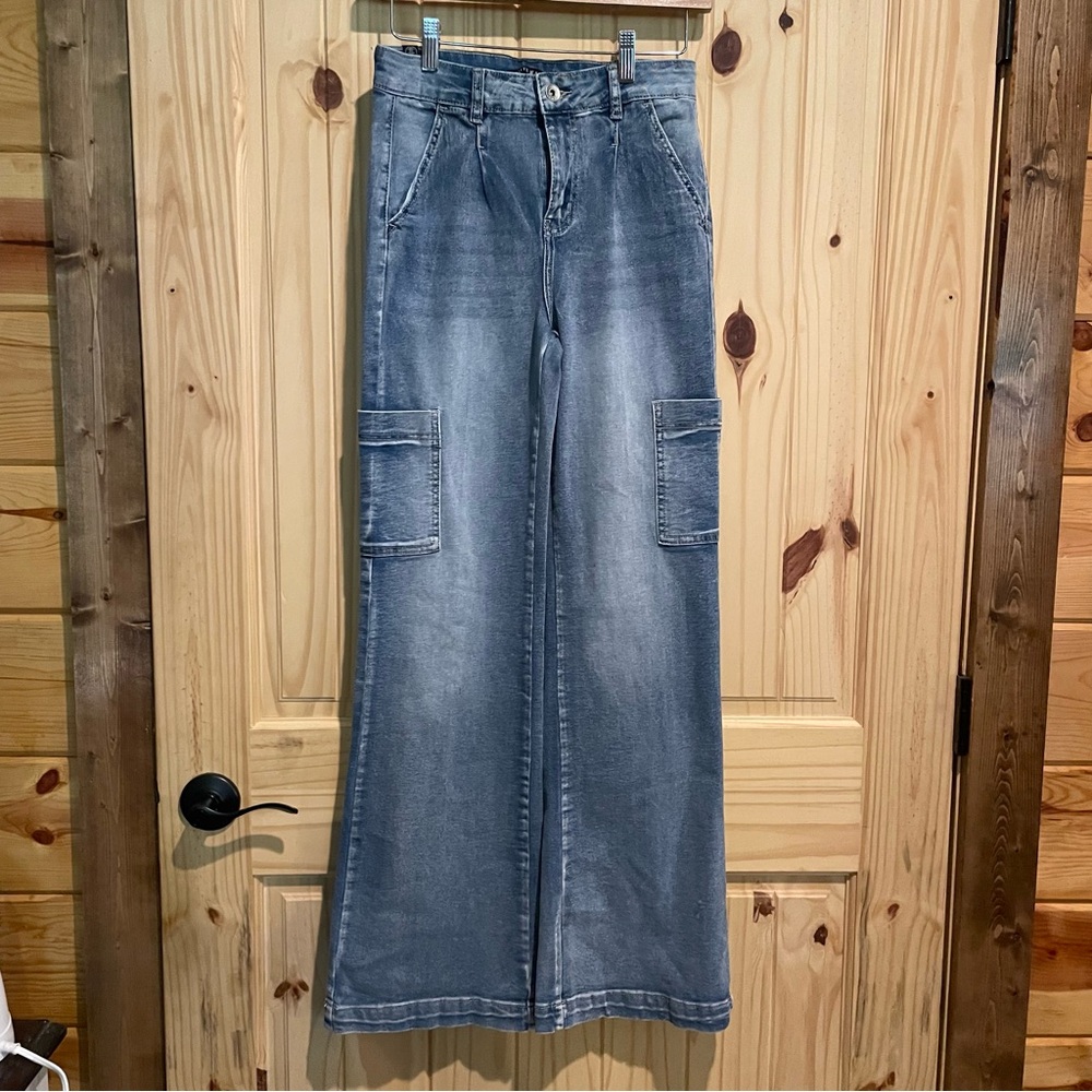 Elite Jeans Womens High Waist Wide Leg‎ Cargo Denim Blue Jeans P23972H Size 9/29
